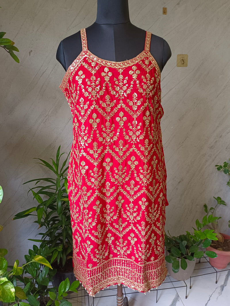 Red Embroidered Chinon Kurta Set with Sharara & Dupatta for Women