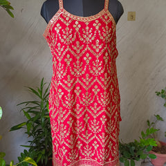Red Embroidered Chinon Kurta Set with Sharara & Dupatta for Women
