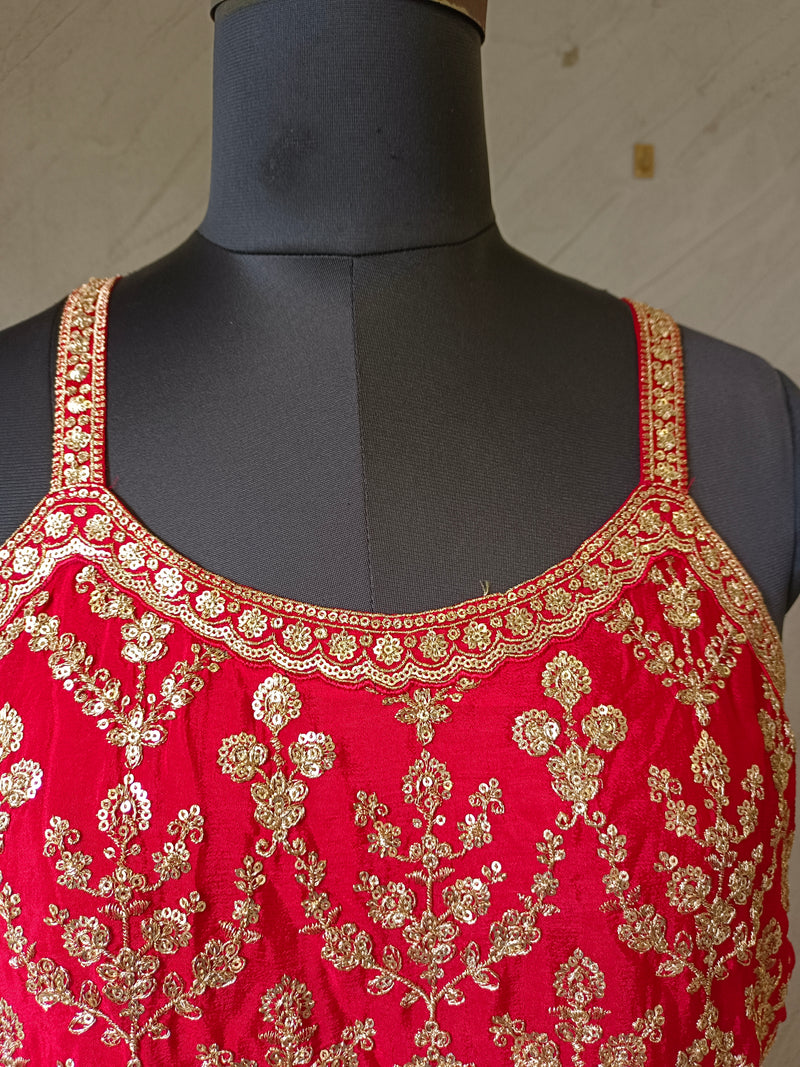 Red Embroidered Chinon Kurta Set with Sharara & Dupatta for Women