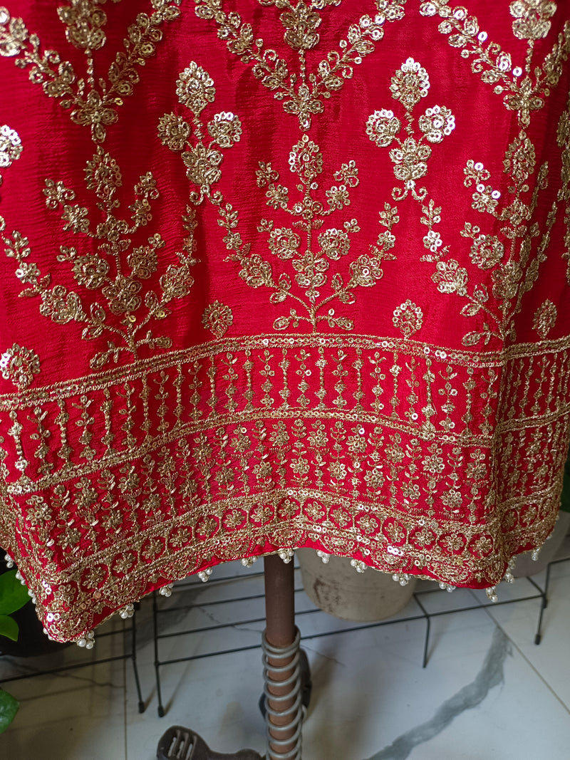 Red Embroidered Chinon Kurta Set with Sharara & Dupatta for Women