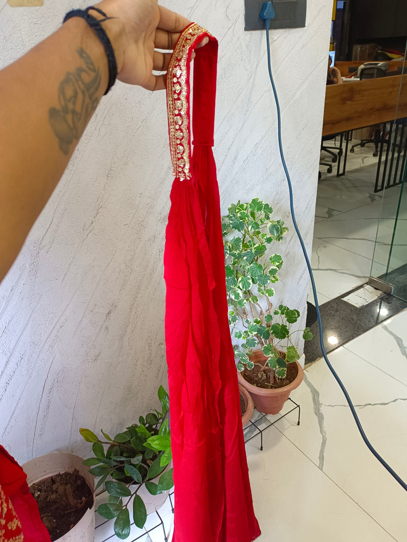 Red Embroidered Chinon Kurta Set with Sharara & Dupatta for Women