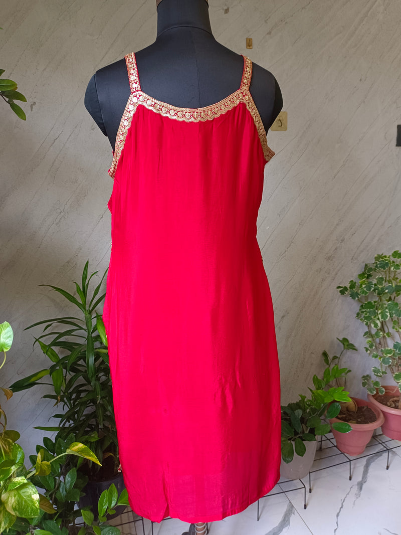Red Embroidered Chinon Kurta Set with Sharara & Dupatta for Women