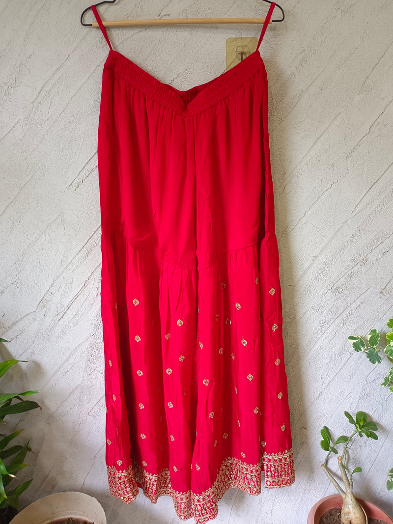 Red Embroidered Chinon Kurta Set with Sharara & Dupatta for Women