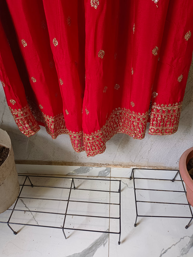 Red Embroidered Chinon Kurta Set with Sharara & Dupatta for Women