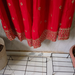 Red Embroidered Chinon Kurta Set with Sharara & Dupatta for Women