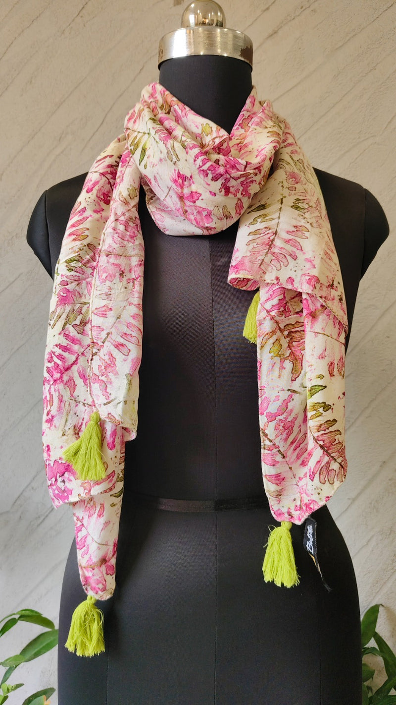 Women Cream & Pink Floral Printed Soft Cotton Scarf with Tassels SC119