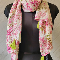 Women Cream & Pink Floral Printed Soft Cotton Scarf with Tassels SC119