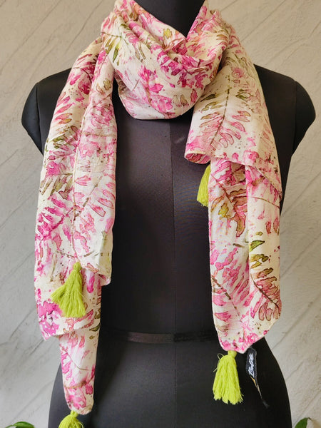 Women Cream & Pink Floral Printed Soft Cotton Scarf with Tassels SC119