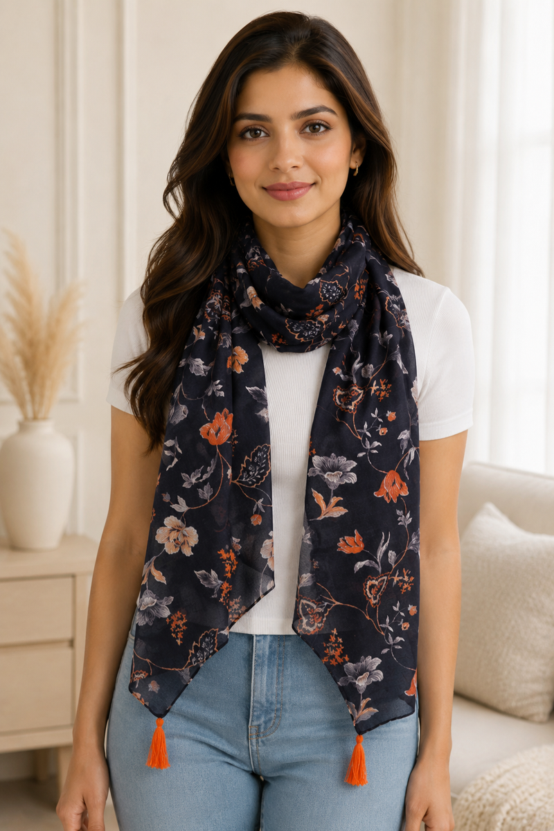 Splendid Black Printed Muslin Regular Wear Scarves/Stoles for Women SC12