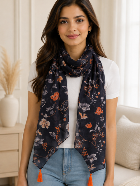 Splendid Black Printed Muslin Regular Wear Scarves/Stoles for Women SC12