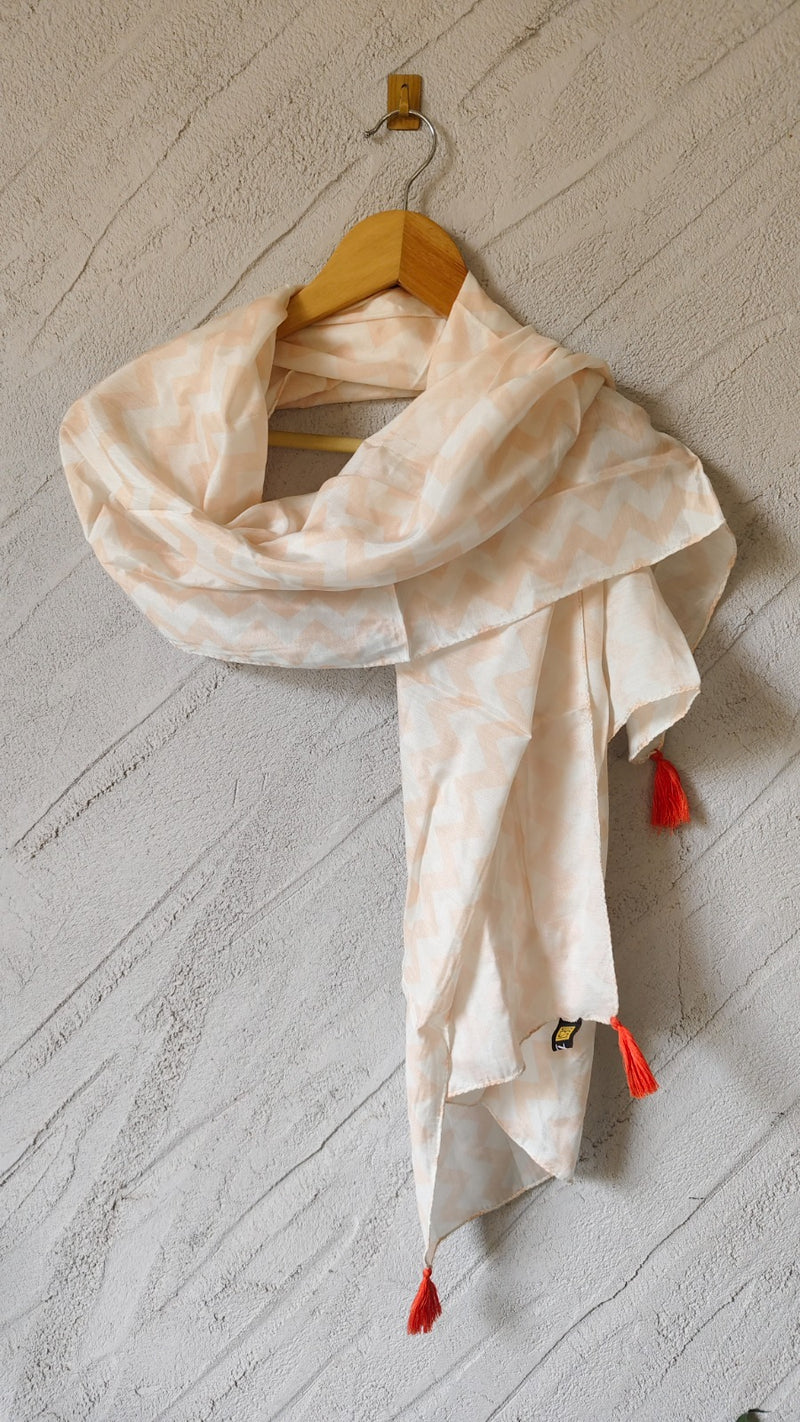 Women Beige Geometric Printed Soft Cotton Scarf with Orange Tassels SC120