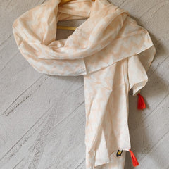 Women Beige Geometric Printed Soft Cotton Scarf with Orange Tassels SC120