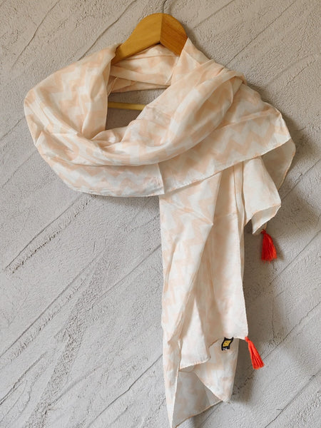 Women Beige Geometric Printed Soft Cotton Scarf with Orange Tassels SC120