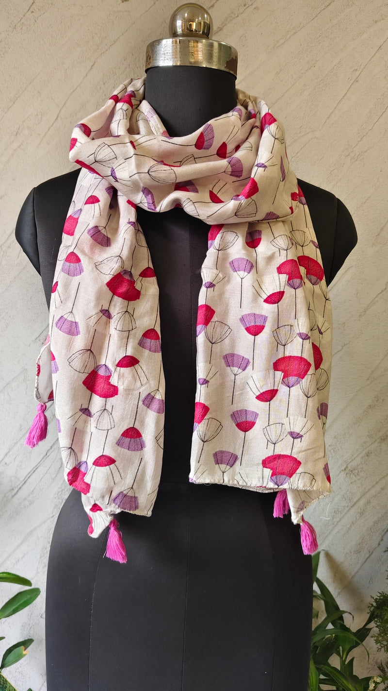 Women Cream Floral Printed Soft Cotton Scarf with Pink Tassels SC121
