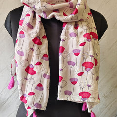 Women Cream Floral Printed Soft Cotton Scarf with Pink Tassels SC121