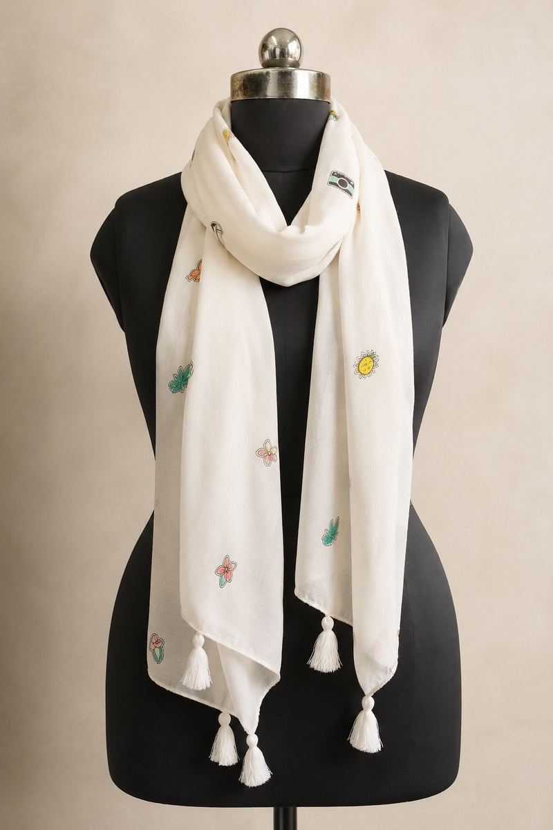 Women Cute Travel Print Soft White Scarf SC128