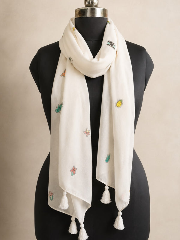 Women Cute Travel Print Soft White Scarf SC128