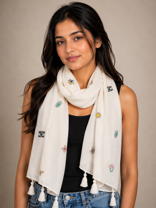 Women Cute Travel Print Soft White Scarf SC128