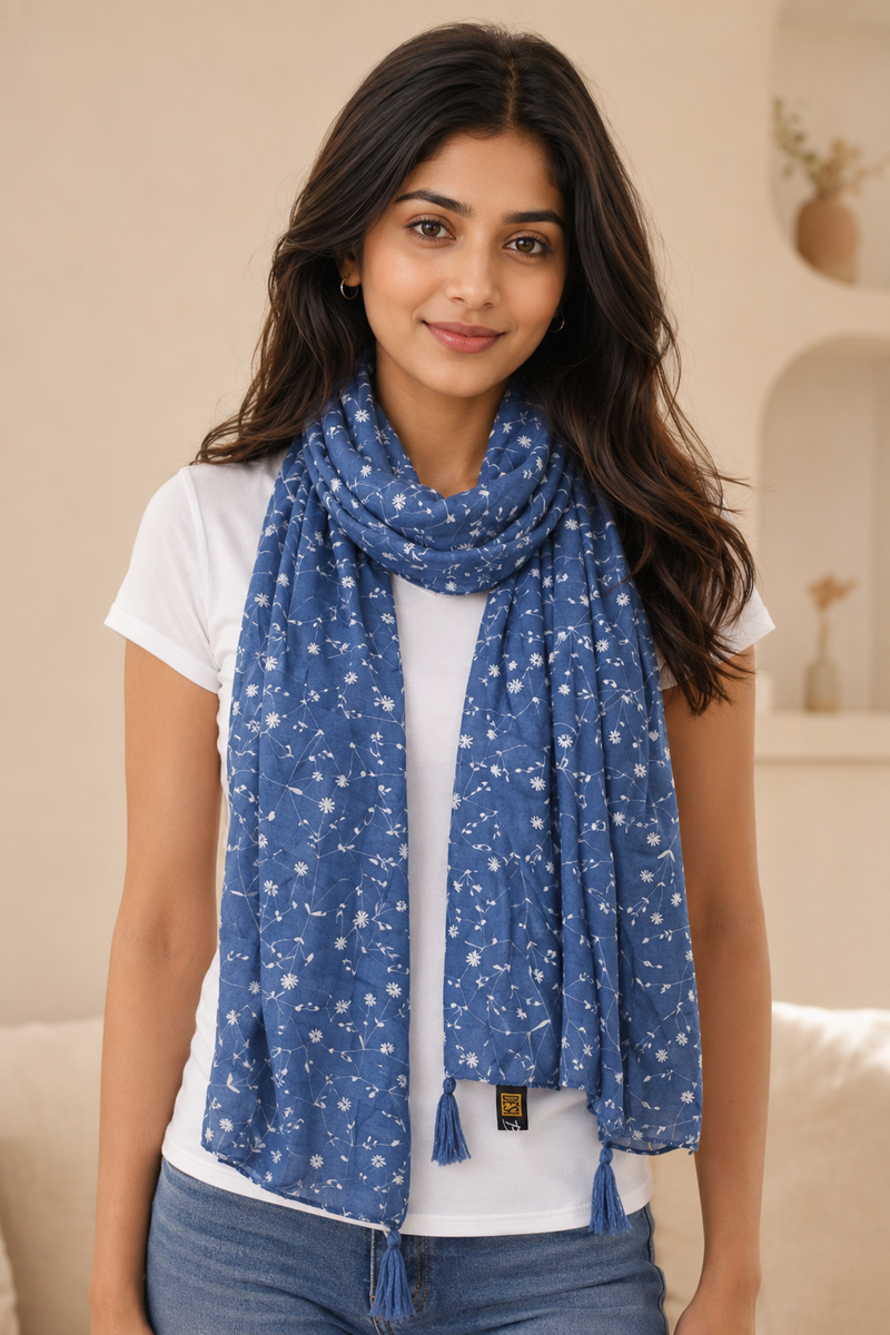 Dazzling Blue Printed Muslin Daily Wear Scarves/Stoles for Women SC2