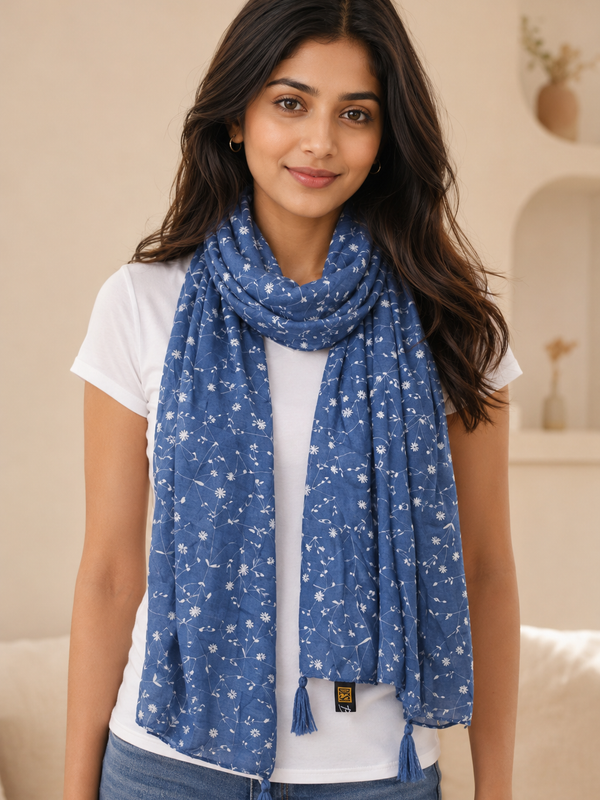 Dazzling Blue Printed Muslin Daily Wear Scarves/Stoles for Women SC2