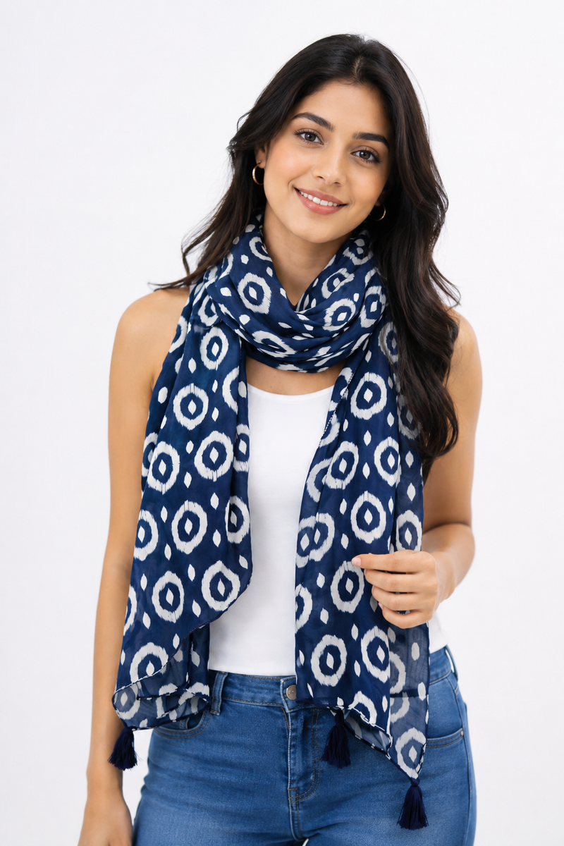 Splendid Blue Printed Muslin Casual Scarves/Stoles for Women SC3