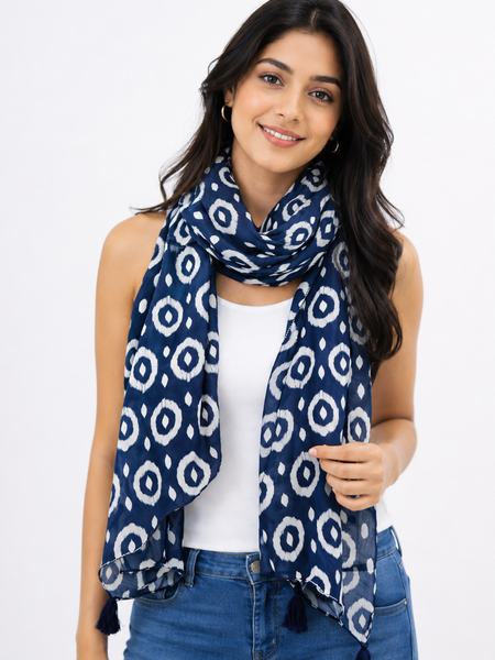 Splendid Blue Printed Muslin Casual Scarves/Stoles for Women SC3