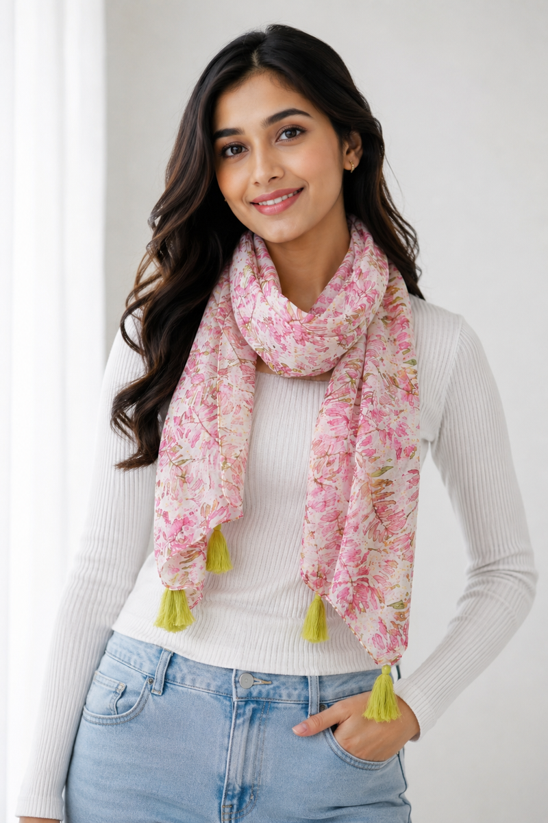 Women Cream & Pink Floral Printed Soft Cotton Scarf with Tassels SC119