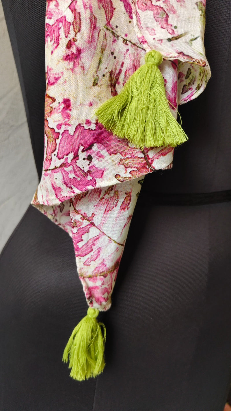 Women Cream & Pink Floral Printed Soft Cotton Scarf with Tassels SC119