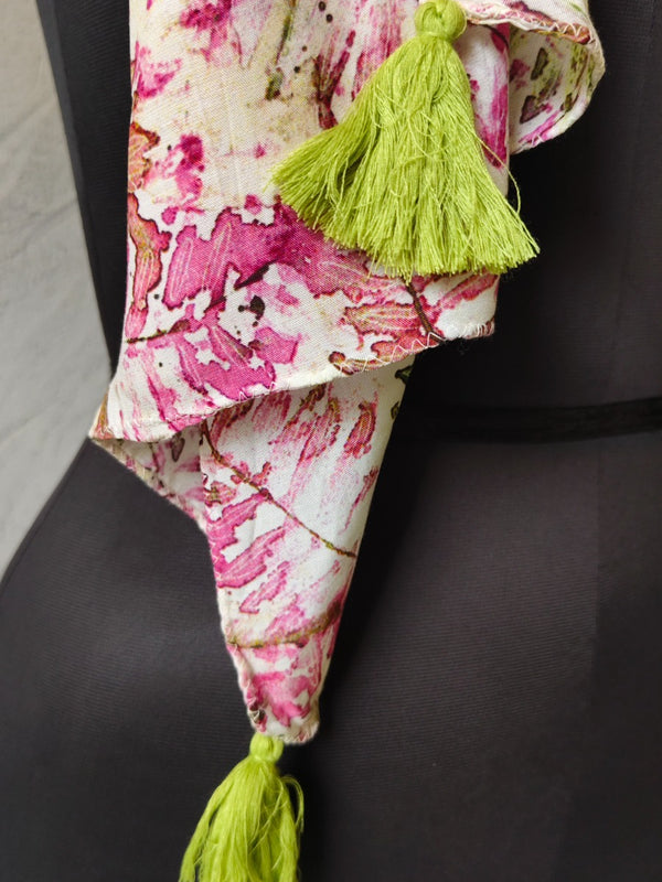 Women Cream & Pink Floral Printed Soft Cotton Scarf with Tassels SC119