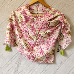 Women Cream & Pink Floral Printed Soft Cotton Scarf with Tassels SC119