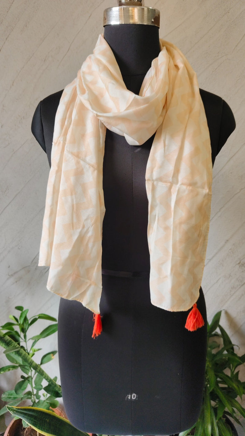 Women Beige Geometric Printed Soft Cotton Scarf with Orange Tassels SC120