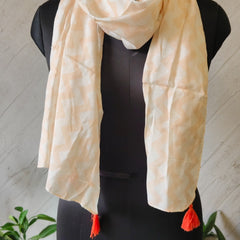 Women Beige Geometric Printed Soft Cotton Scarf with Orange Tassels SC120