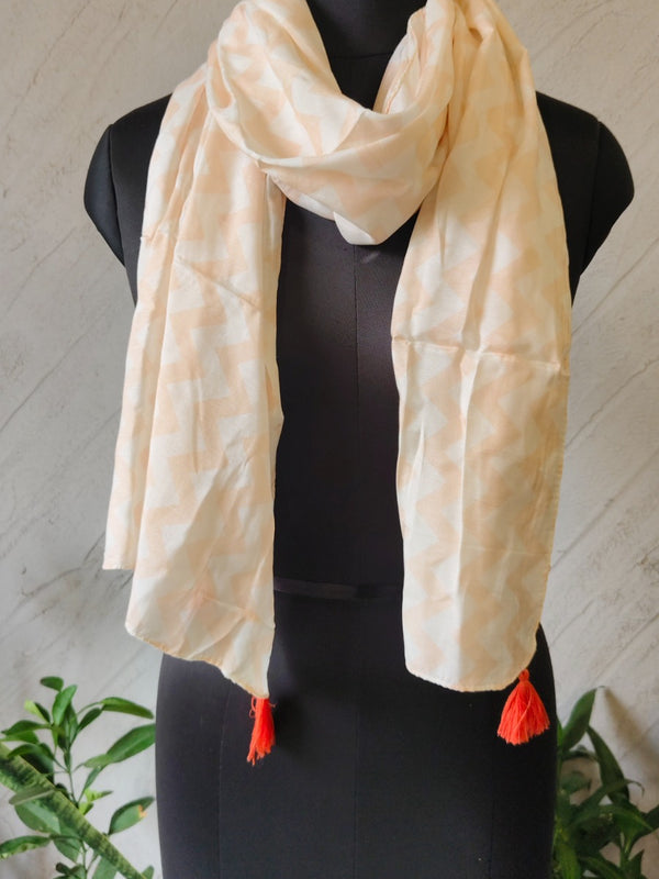 Women Beige Geometric Printed Soft Cotton Scarf with Orange Tassels SC120