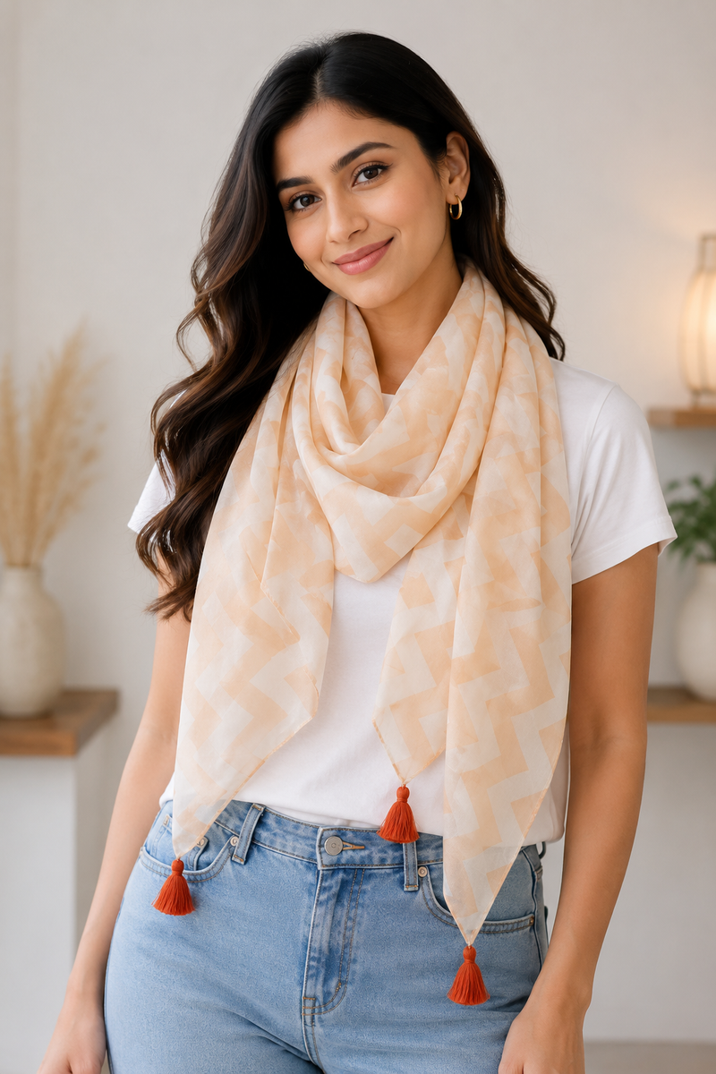 Women Beige Geometric Printed Soft Cotton Scarf with Orange Tassels SC120