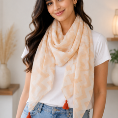 Women Beige Geometric Printed Soft Cotton Scarf with Orange Tassels SC120