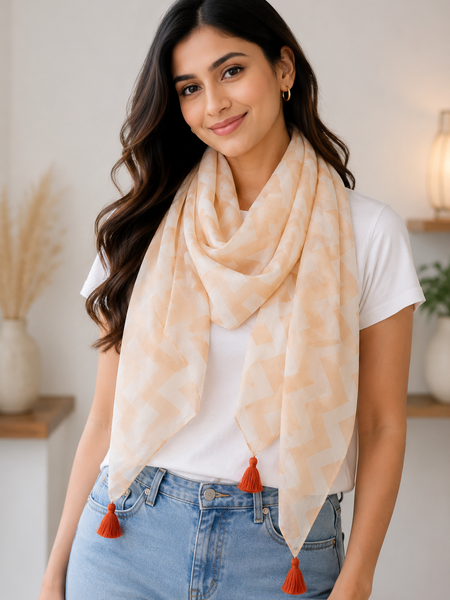 Women Beige Geometric Printed Soft Cotton Scarf with Orange Tassels SC120