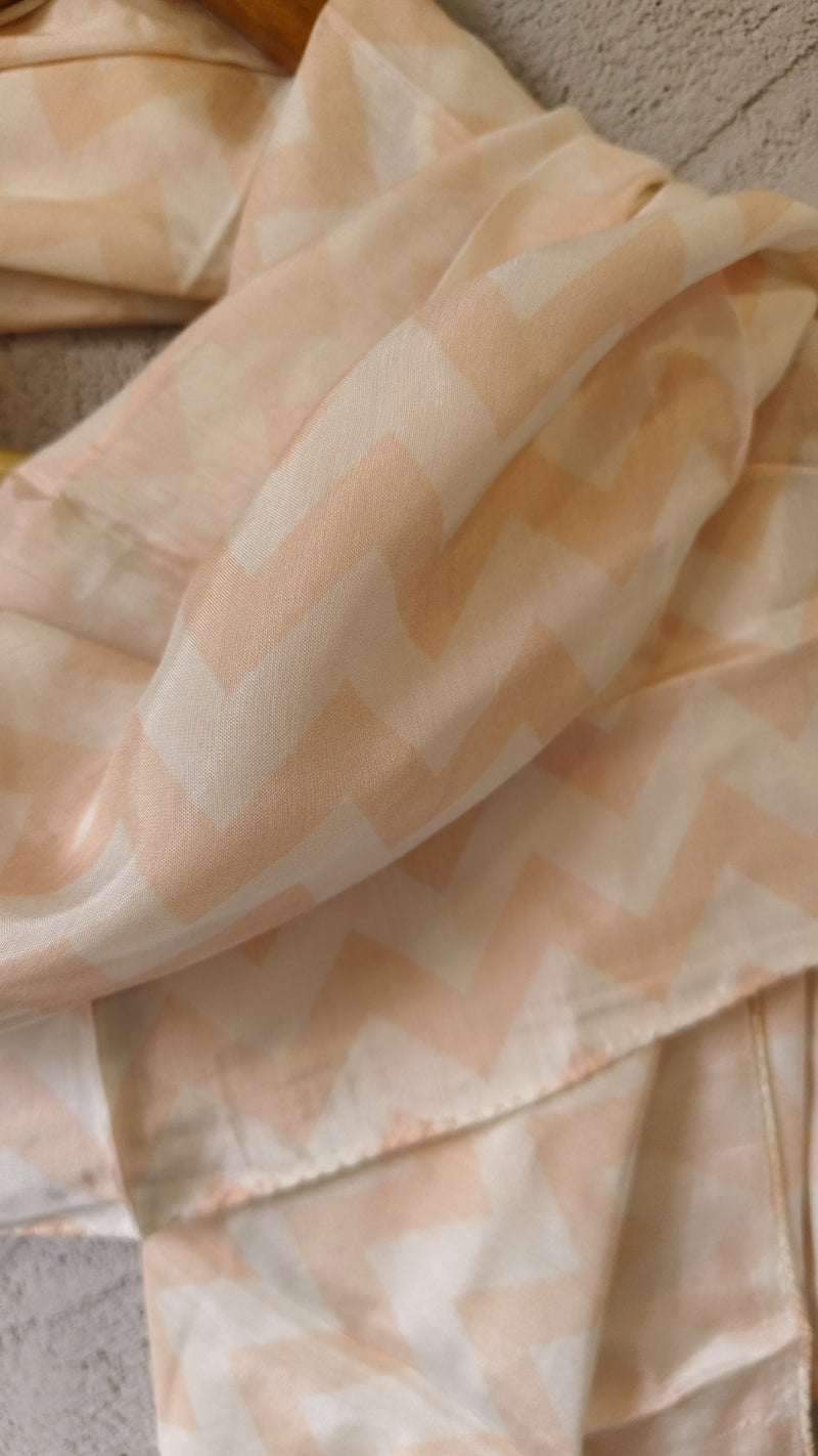 Women Beige Geometric Printed Soft Cotton Scarf with Orange Tassels SC120