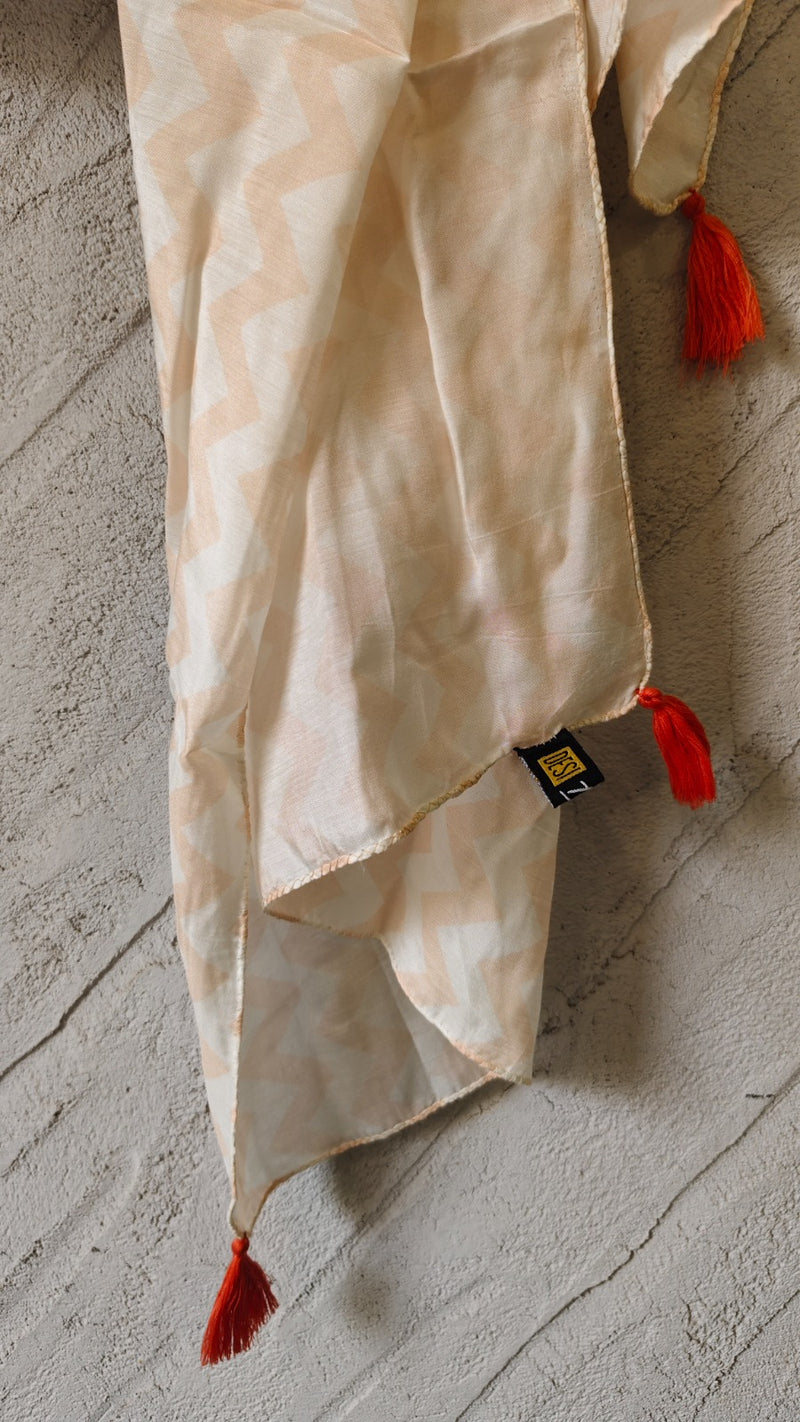 Women Beige Geometric Printed Soft Cotton Scarf with Orange Tassels SC120
