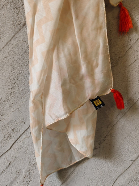 Women Beige Geometric Printed Soft Cotton Scarf with Orange Tassels SC120