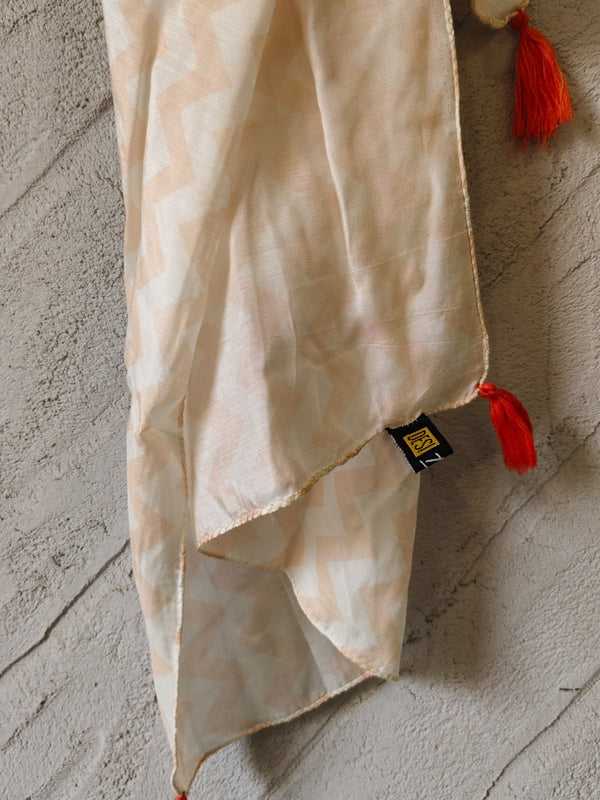 Women Beige Geometric Printed Soft Cotton Scarf with Orange Tassels SC120