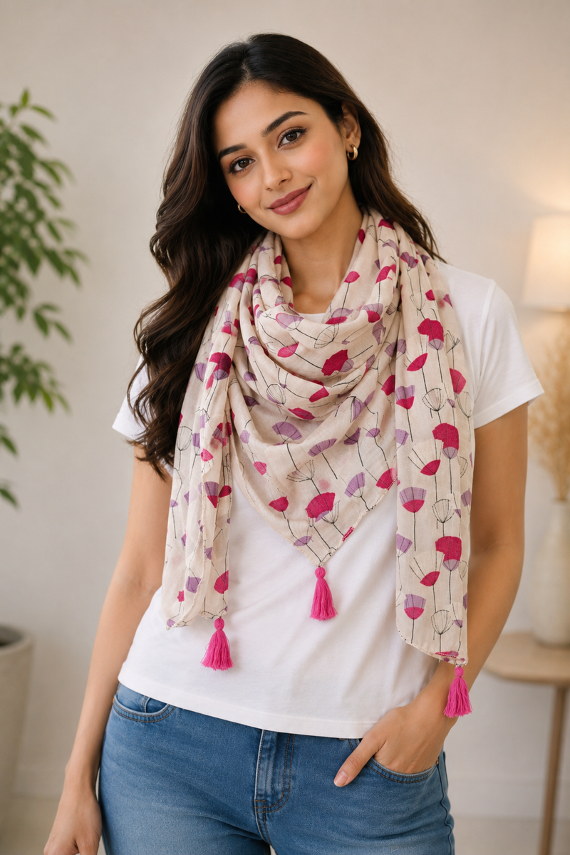 Women Cream Floral Printed Soft Cotton Scarf with Pink Tassels SC121