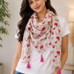 Women Cream Floral Printed Soft Cotton Scarf with Pink Tassels SC121