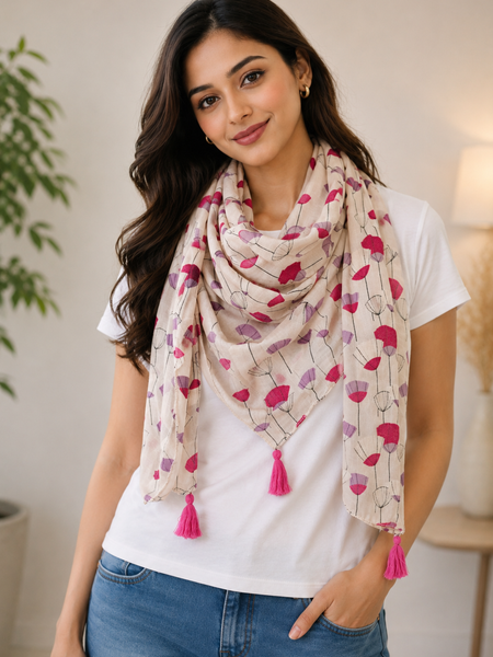 Women Cream Floral Printed Soft Cotton Scarf with Pink Tassels SC121