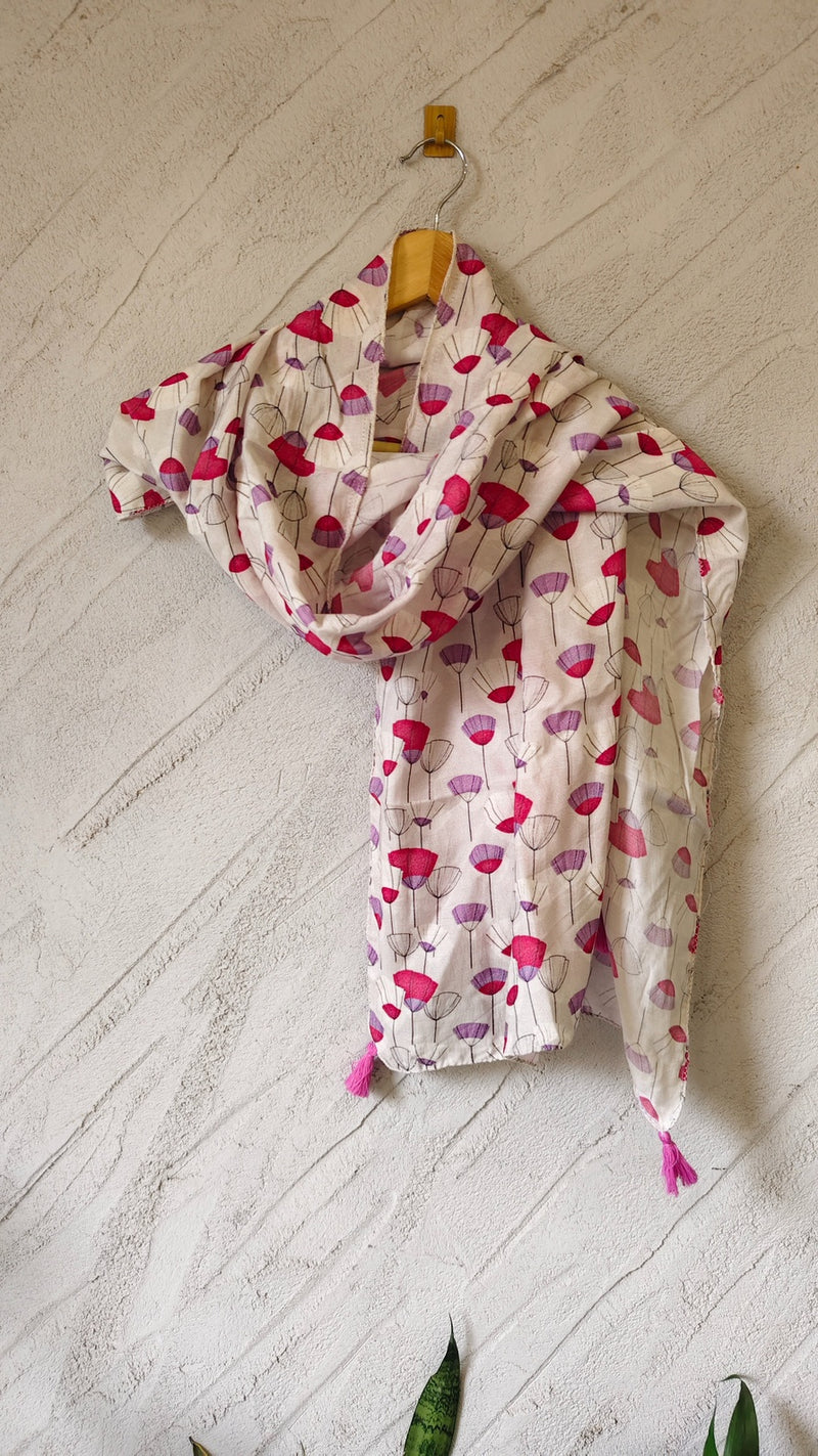 Women Cream Floral Printed Soft Cotton Scarf with Pink Tassels SC121