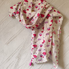 Women Cream Floral Printed Soft Cotton Scarf with Pink Tassels SC121