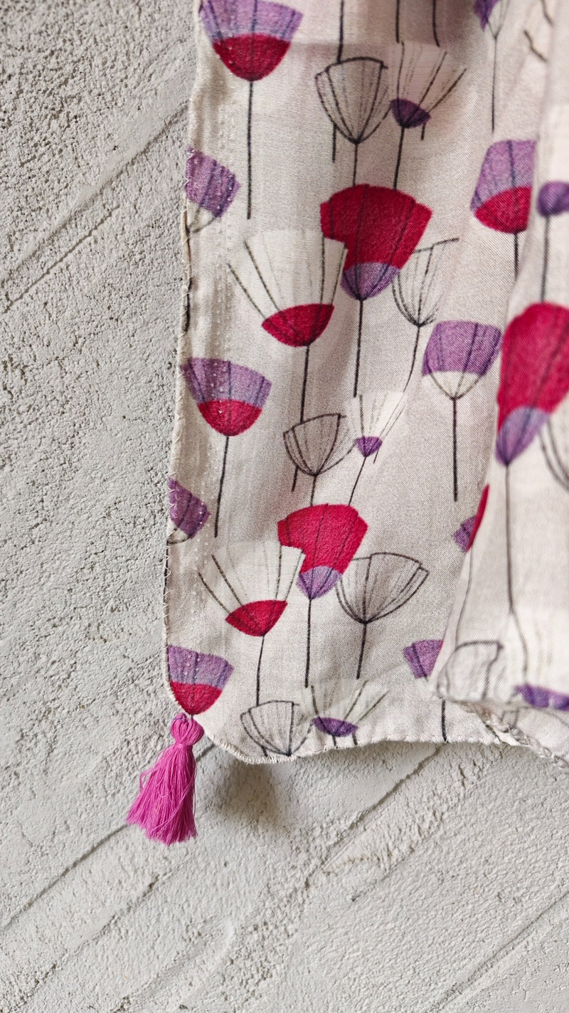 Women Cream Floral Printed Soft Cotton Scarf with Pink Tassels SC121