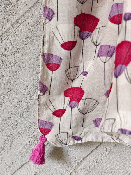 Women Cream Floral Printed Soft Cotton Scarf with Pink Tassels SC121