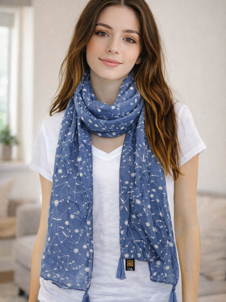 Splendid Blue Printed Muslin Casual Scarves/Stoles for Women SC3