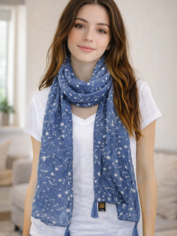 Splendid Blue Printed Muslin Casual Scarves/Stoles for Women SC3