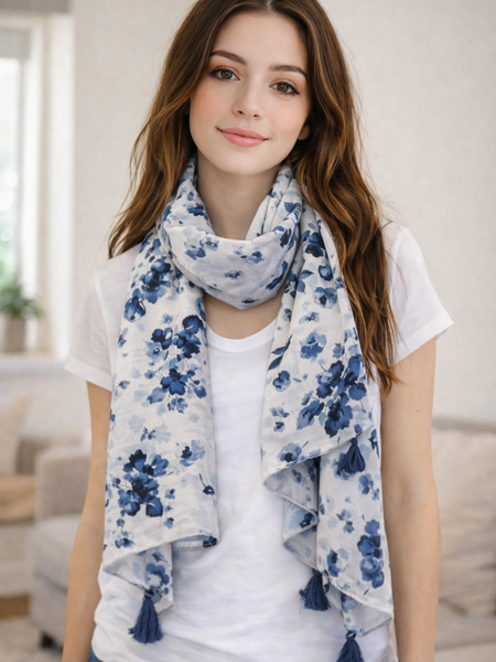 Appealing Blue Printed Muslin Everyday Scarves/Stoles for Women SC72